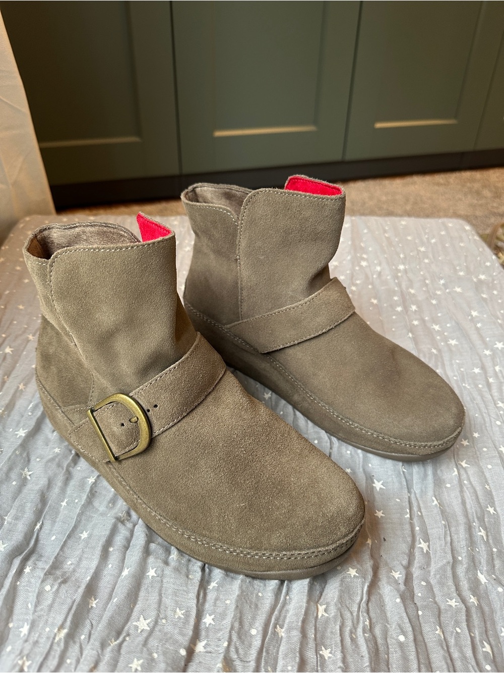 Fitflop Dash Taupe Suede Ankle Booties with Brass Buckle